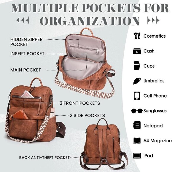 Women Backpack Purse PU Leather Waterproof Multiple Pockets Adjustable Straps main image 7
